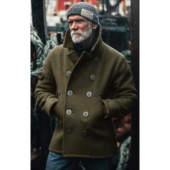 & Sons Heavy Wool Blend Peacoat Mens M Military Green Elbow Patches Storm Collar - Picture 16 of 16